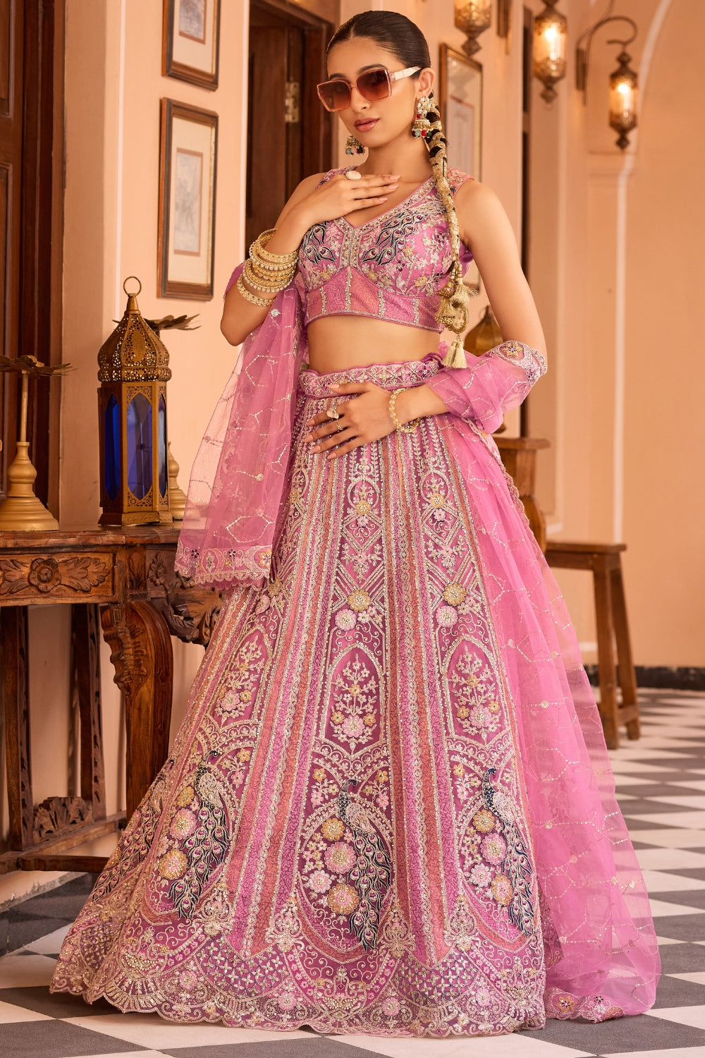 Net Lehenga Set with Sequins and Stone Work