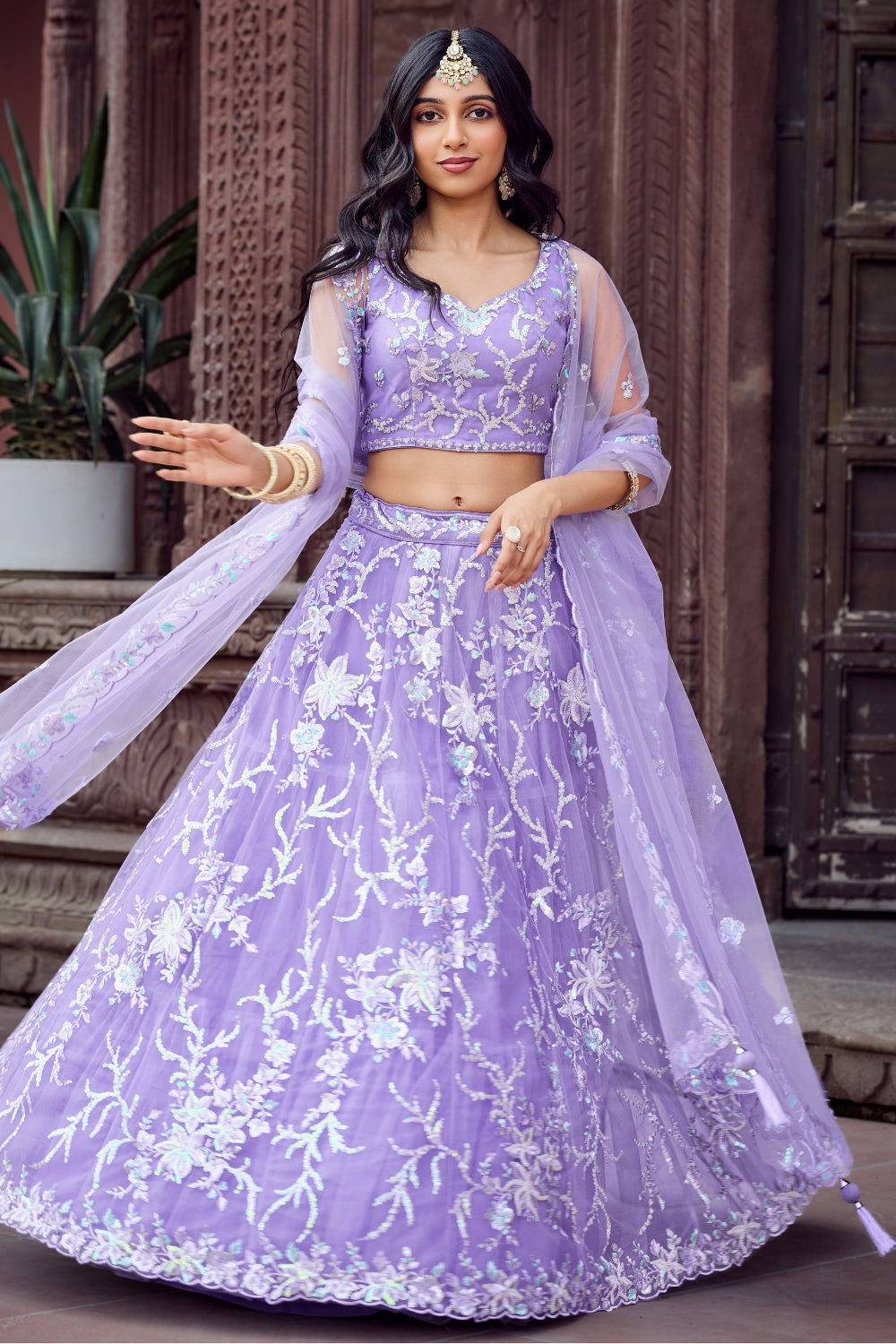 Net Lehenga Set with Stone and Sequins Work