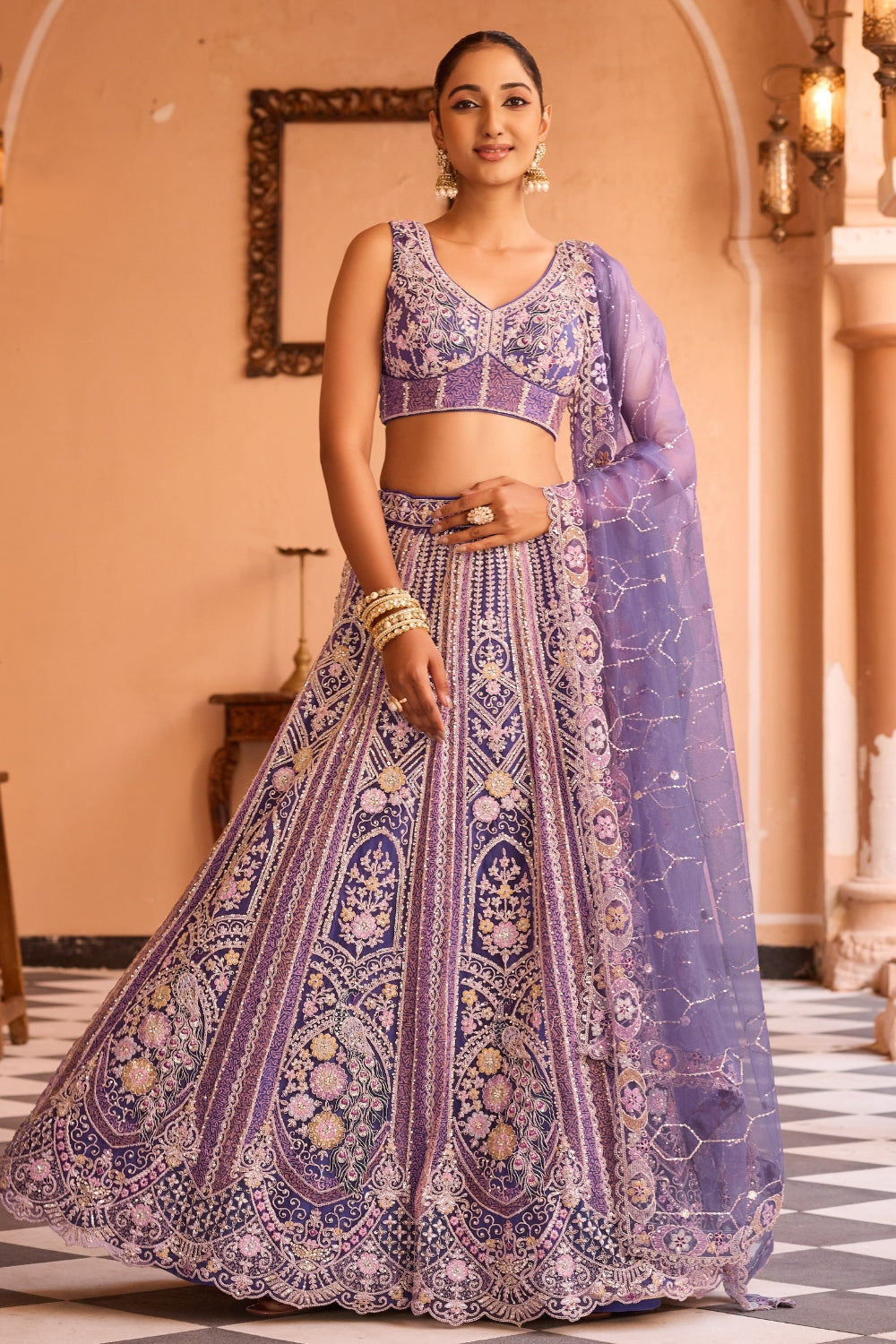 Net Lehenga Set with Sequins and Stone Work