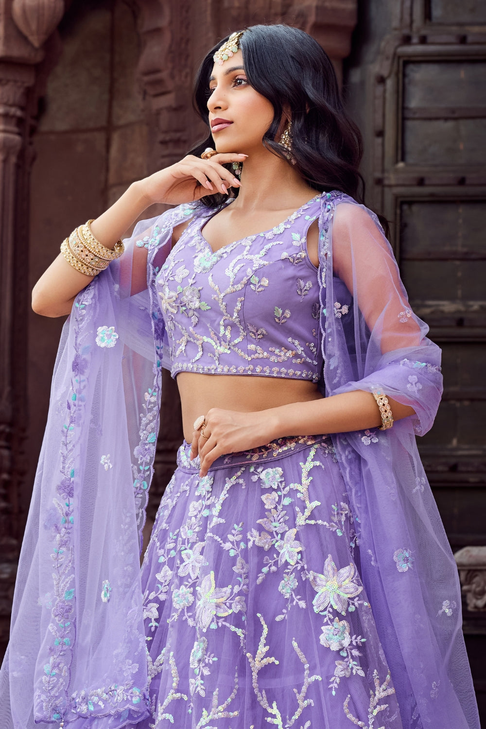 Net Lehenga Set with Stone and Sequins Work