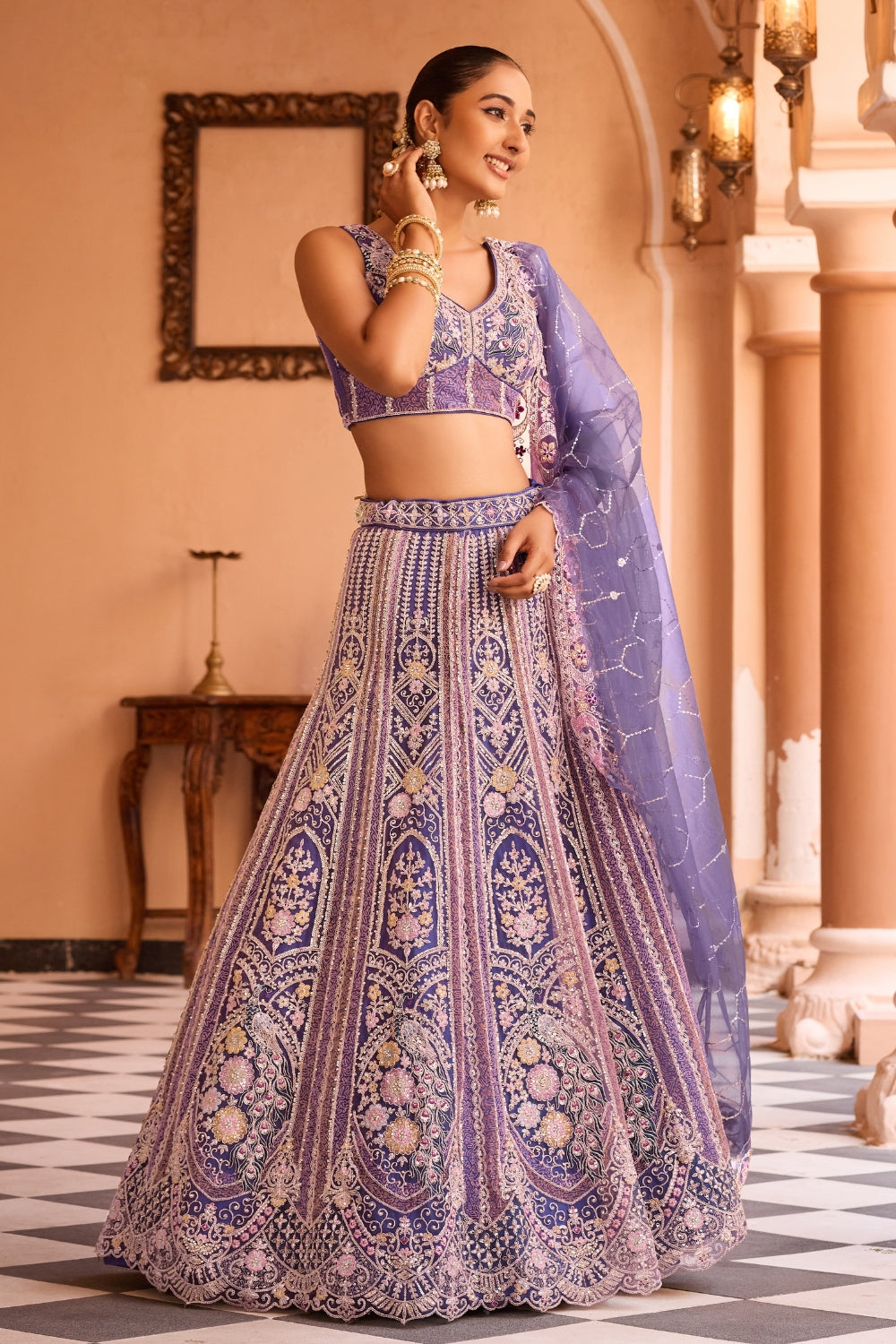 Net Lehenga Set with Sequins and Stone Work