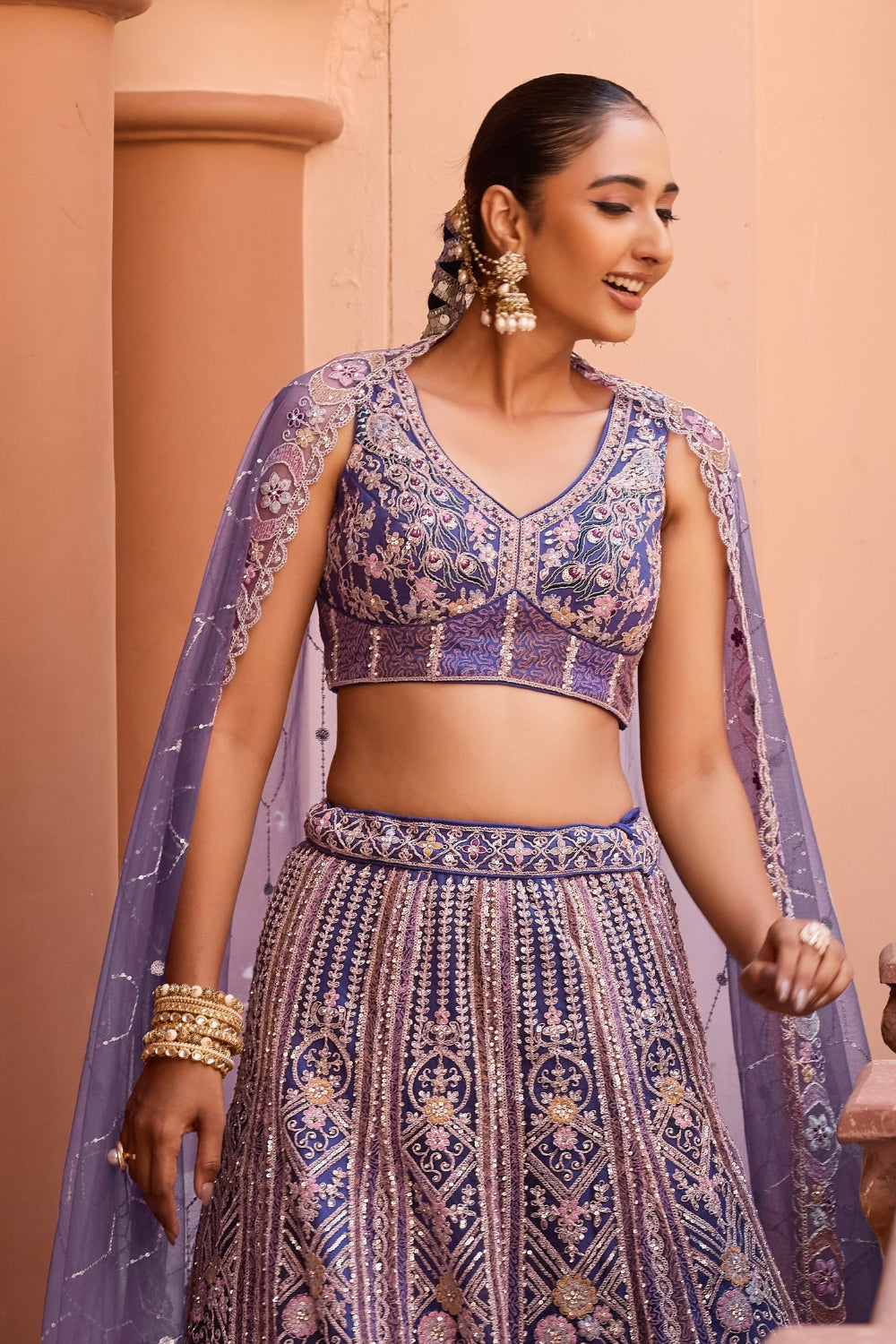 Net Lehenga Set with Sequins and Stone Work