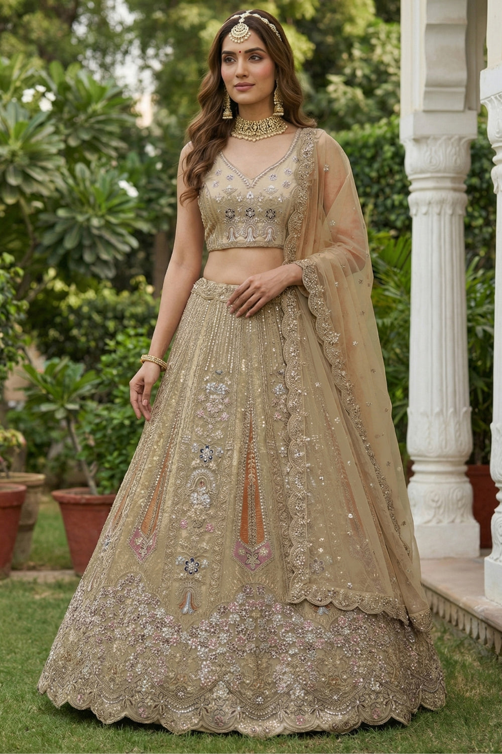 Net Lehenga Set with Stone and Moti Work