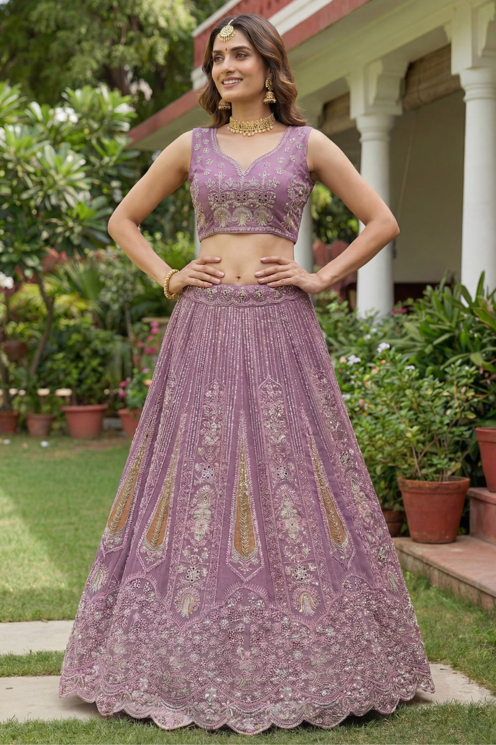 Net Lehenga Set with Stone and Moti Work