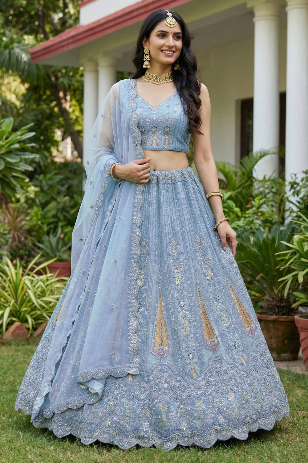 Net Lehenga Set with Stone and Moti Work