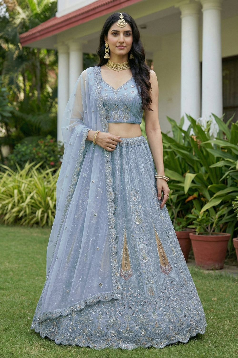 Net Lehenga Set with Stone and Moti Work