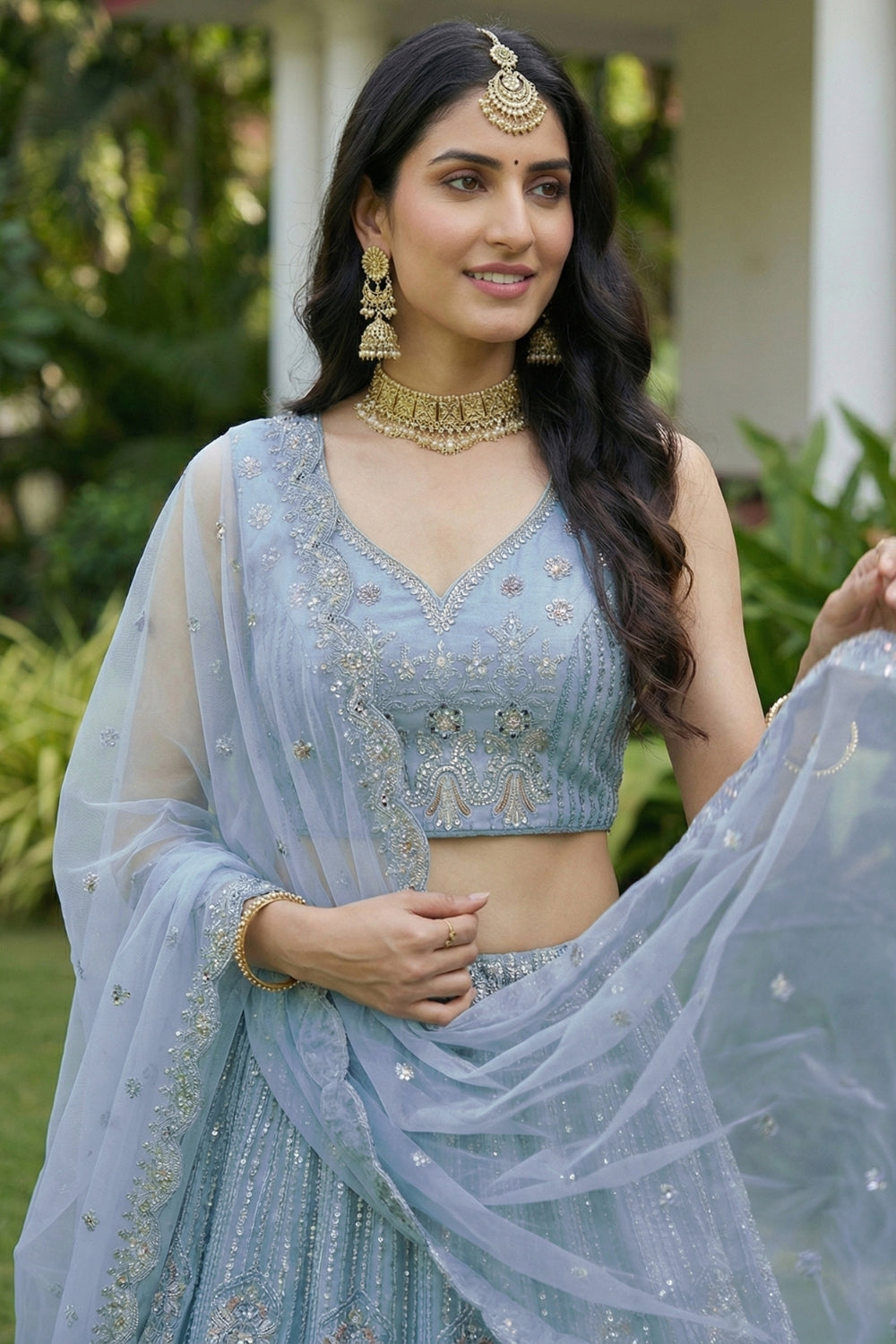 Net Lehenga Set with Stone and Moti Work