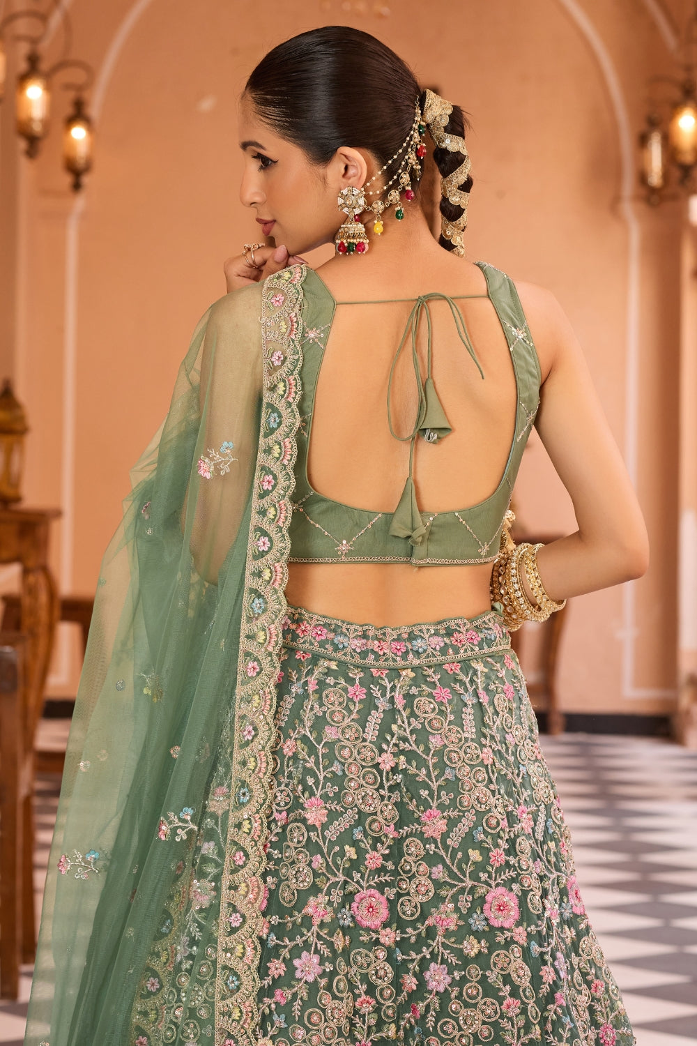 Net Lehenga Set with Stone and Resham Embroidery Work