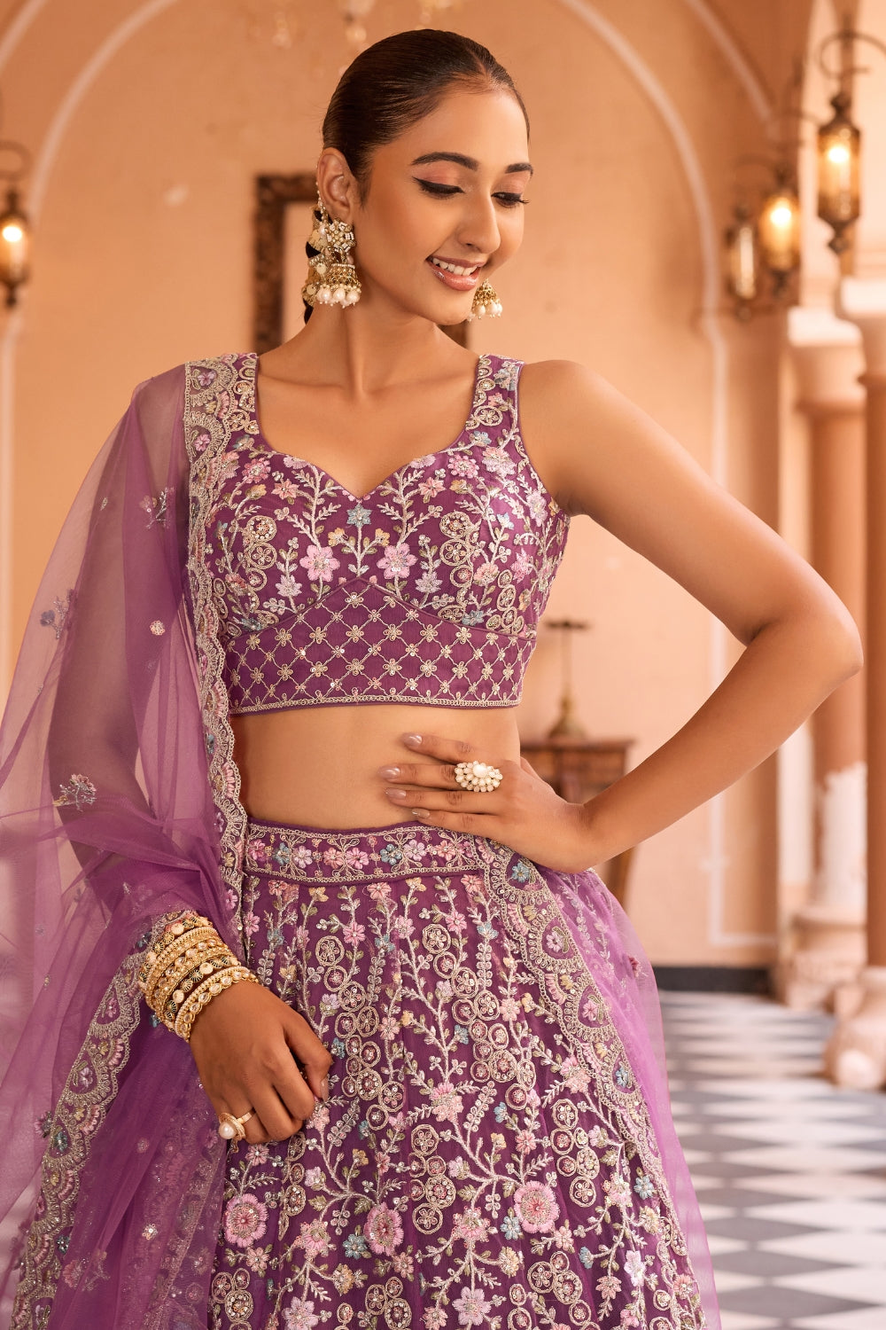 Net Lehenga Set with Stone and Resham Embroidery Work