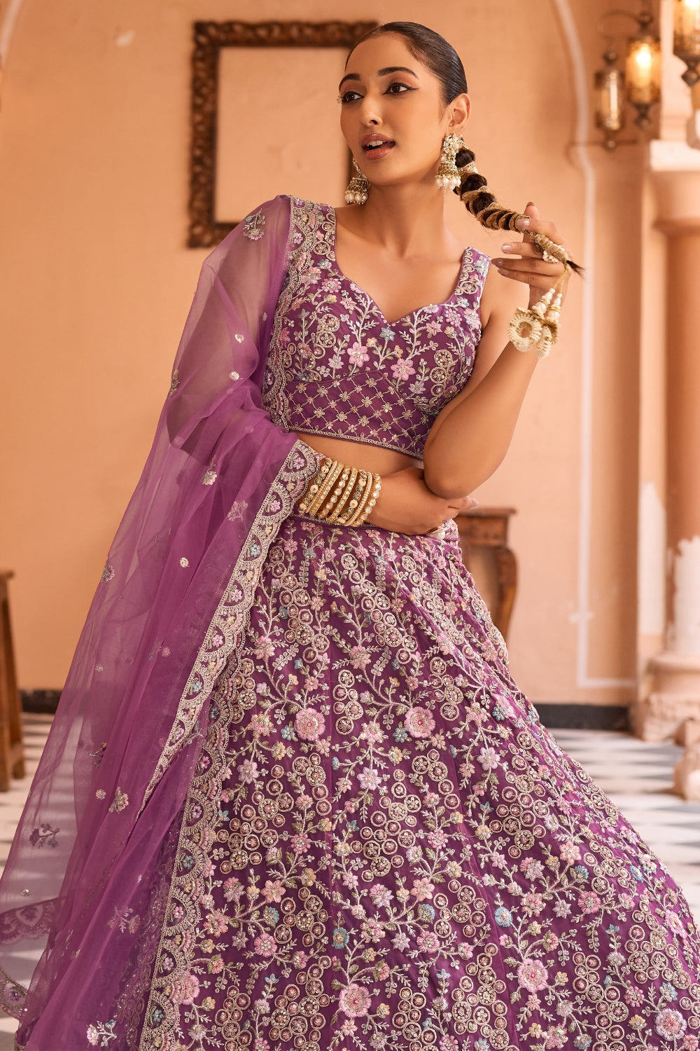 Net Lehenga Set with Stone and Resham Embroidery Work