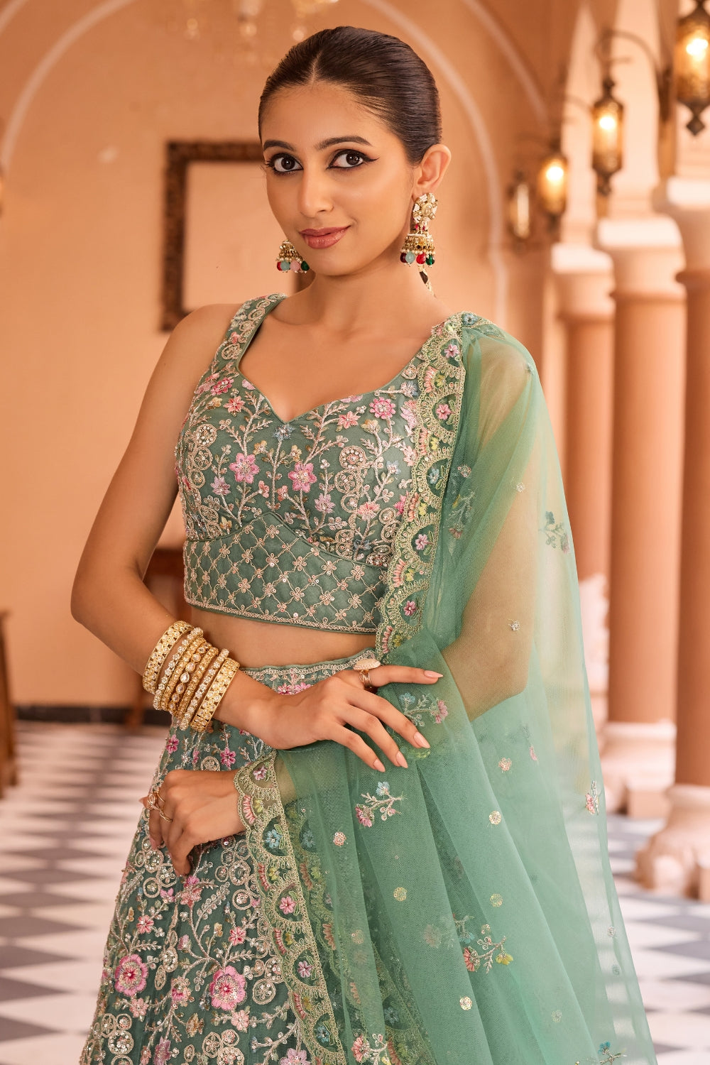 Net Lehenga Set with Stone and Resham Embroidery Work