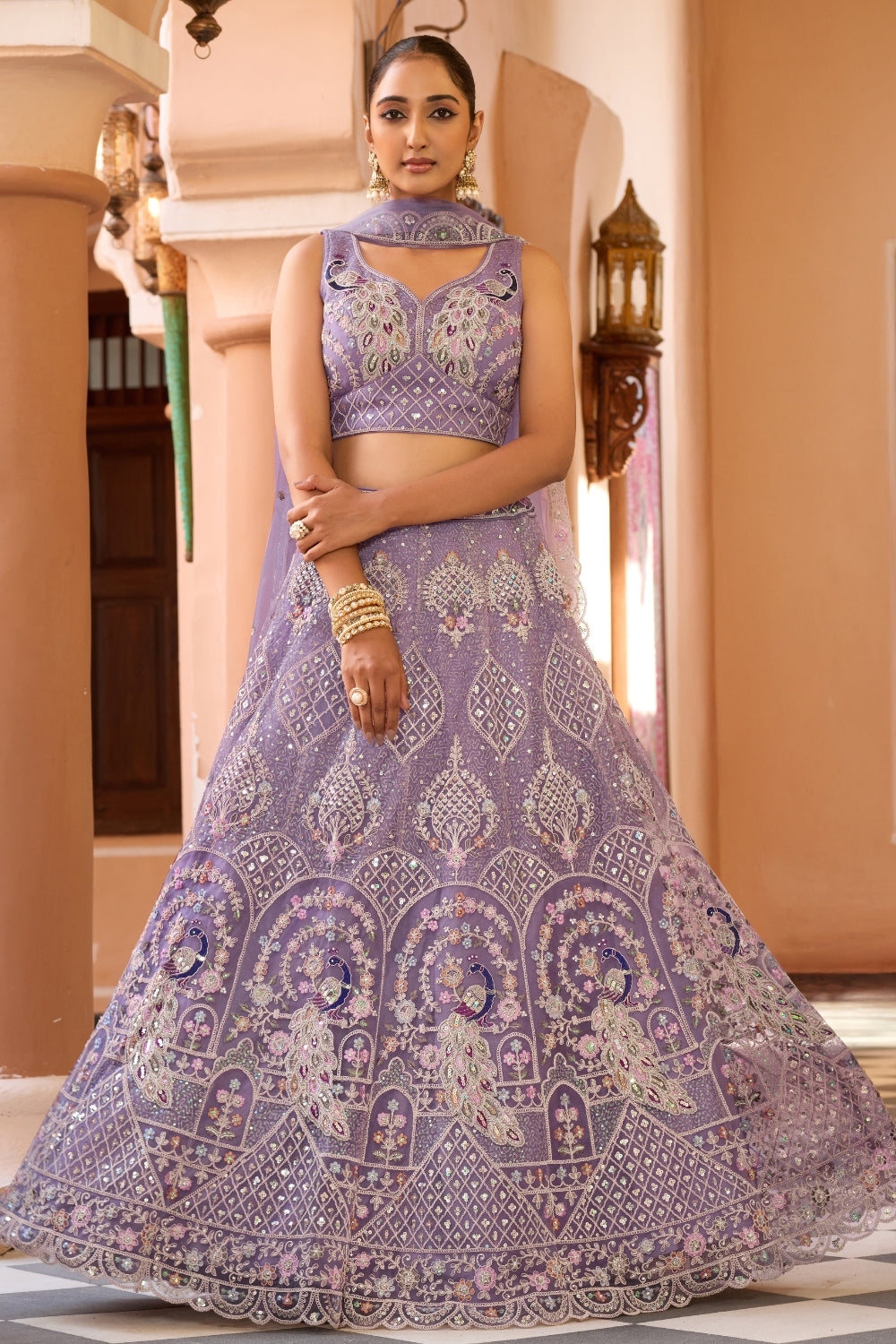 Net Lehenga Set with Stone and Sequins Work