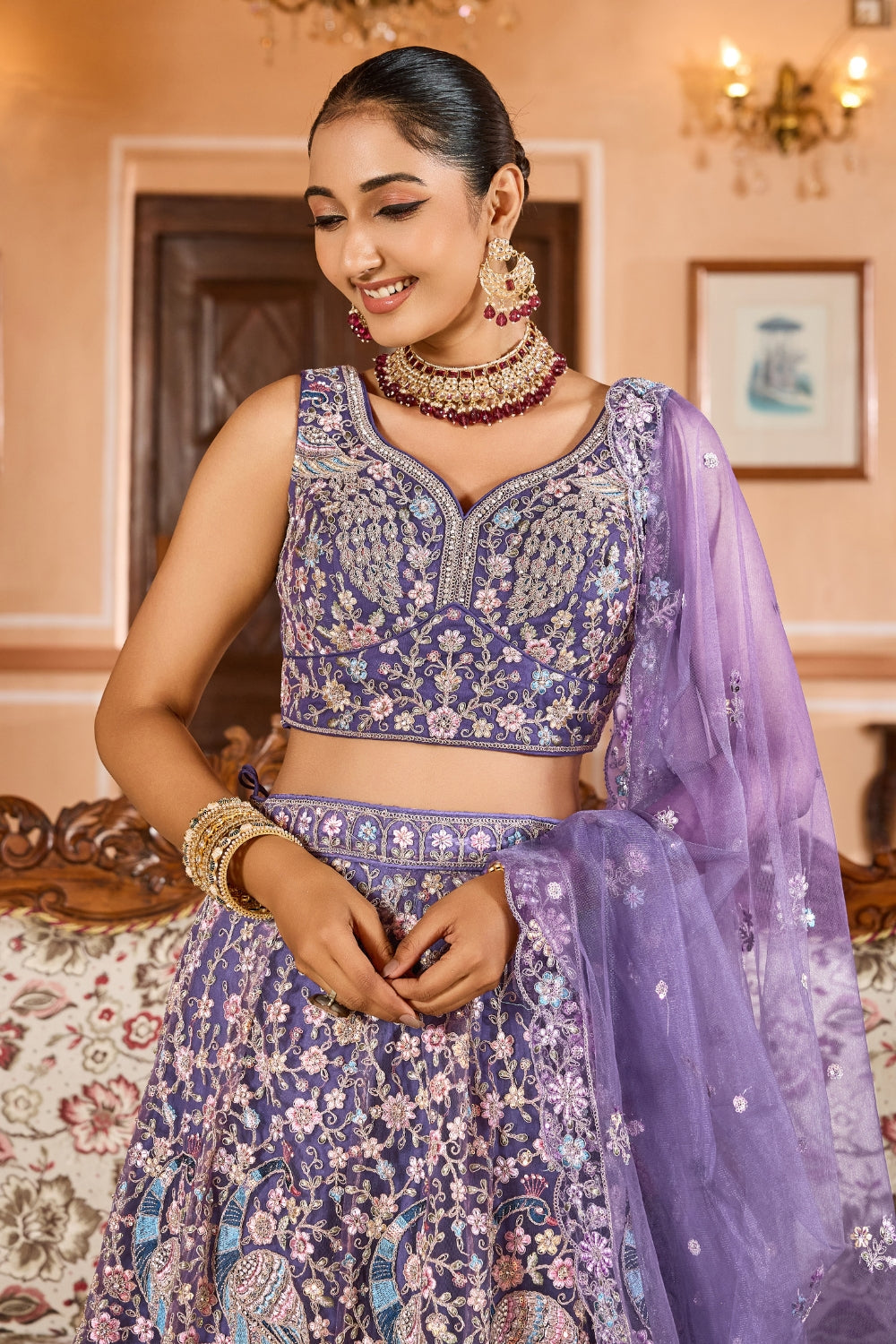 Net Lehenga Set with Stone and Sequins Work