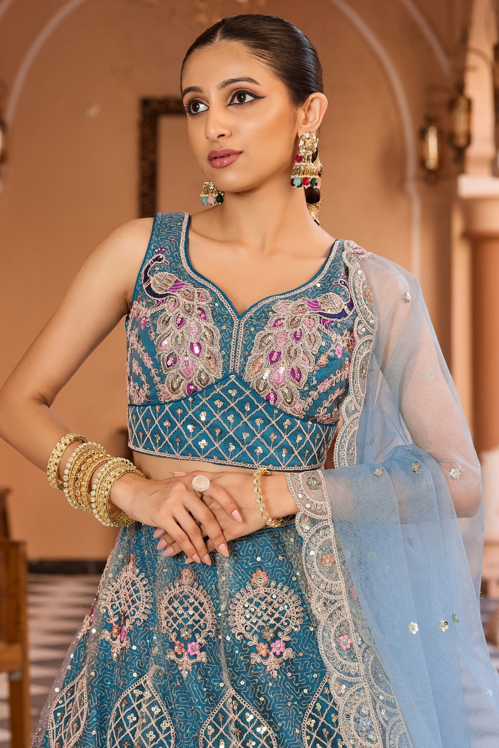 Net Lehenga Set with Stone and Sequins Work