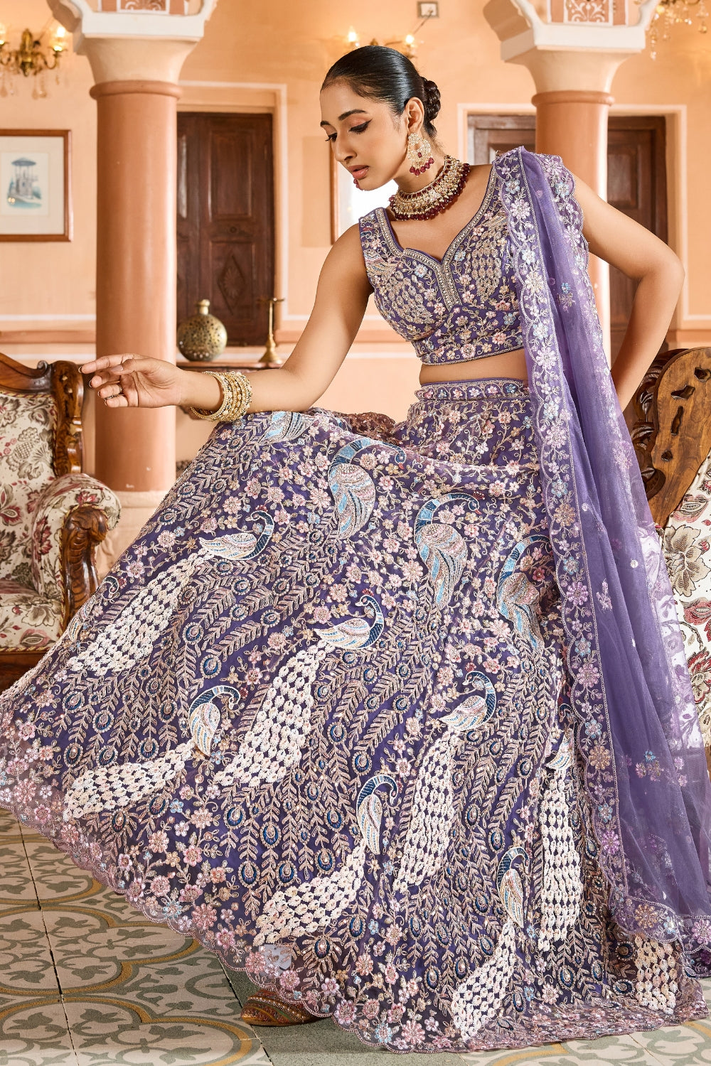 Net Lehenga Set with Stone and Sequins Work