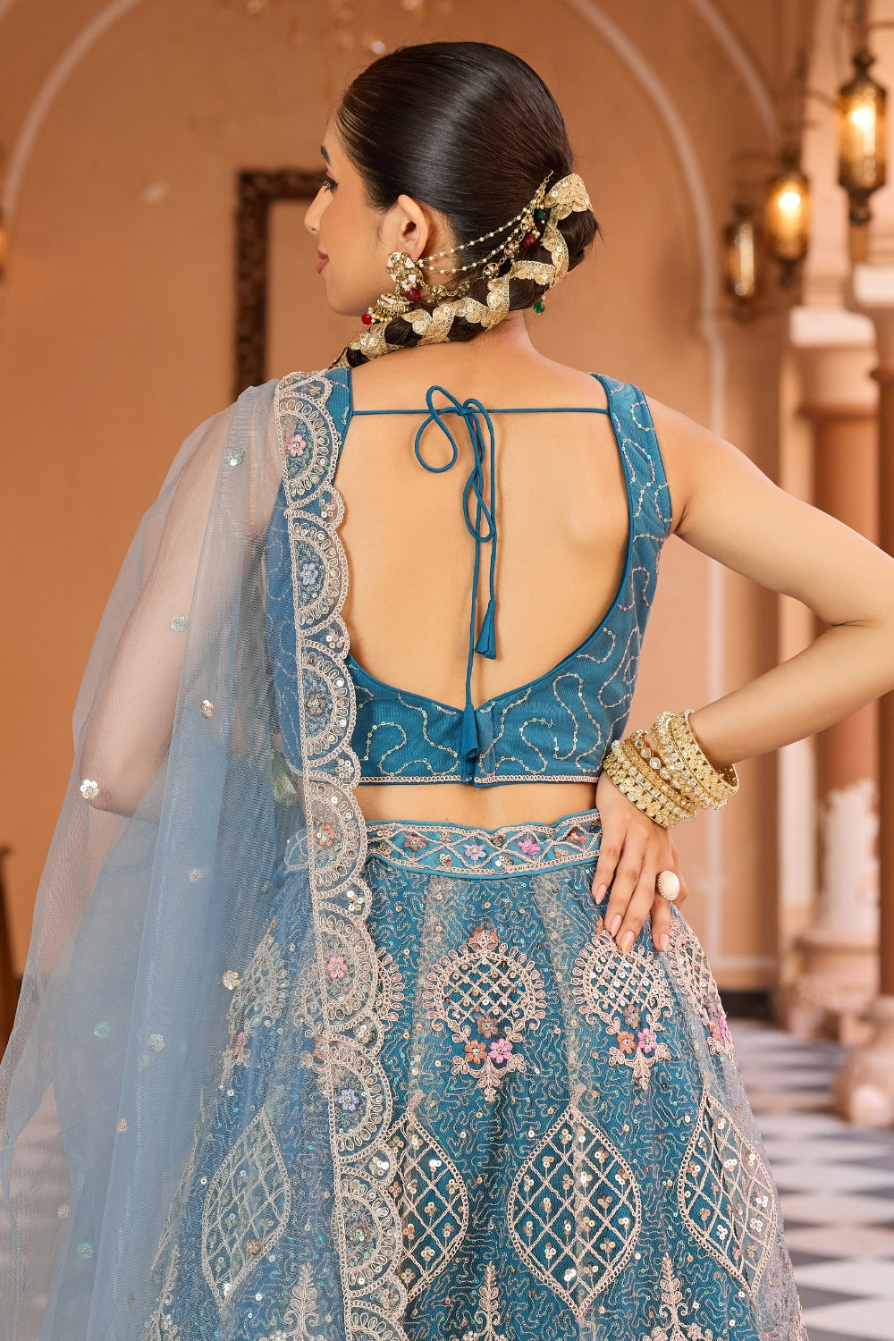 Net Lehenga Set with Stone and Sequins Work