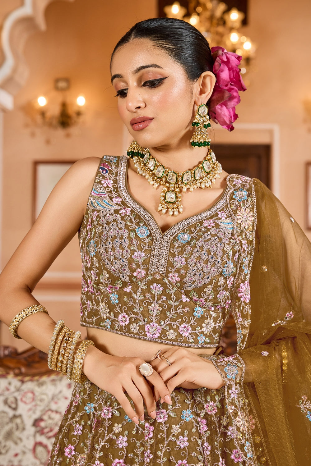 Net Lehenga Set with Stone and Sequins Work