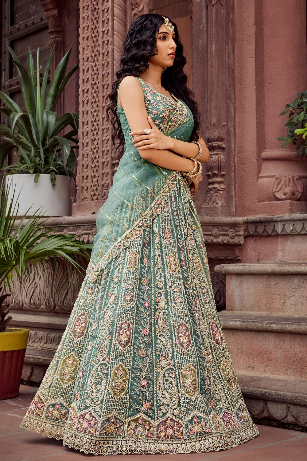 Net Lehenga with Stone and Sequins Work