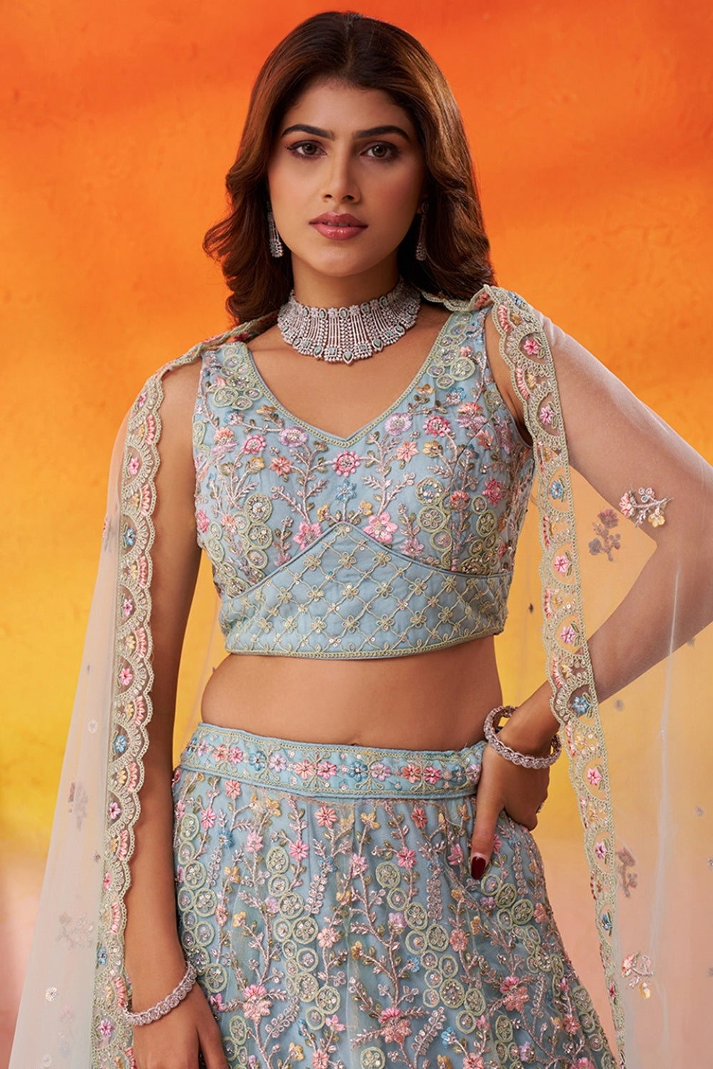 Net Lehenga Set with Embroidery and Sequins Work
