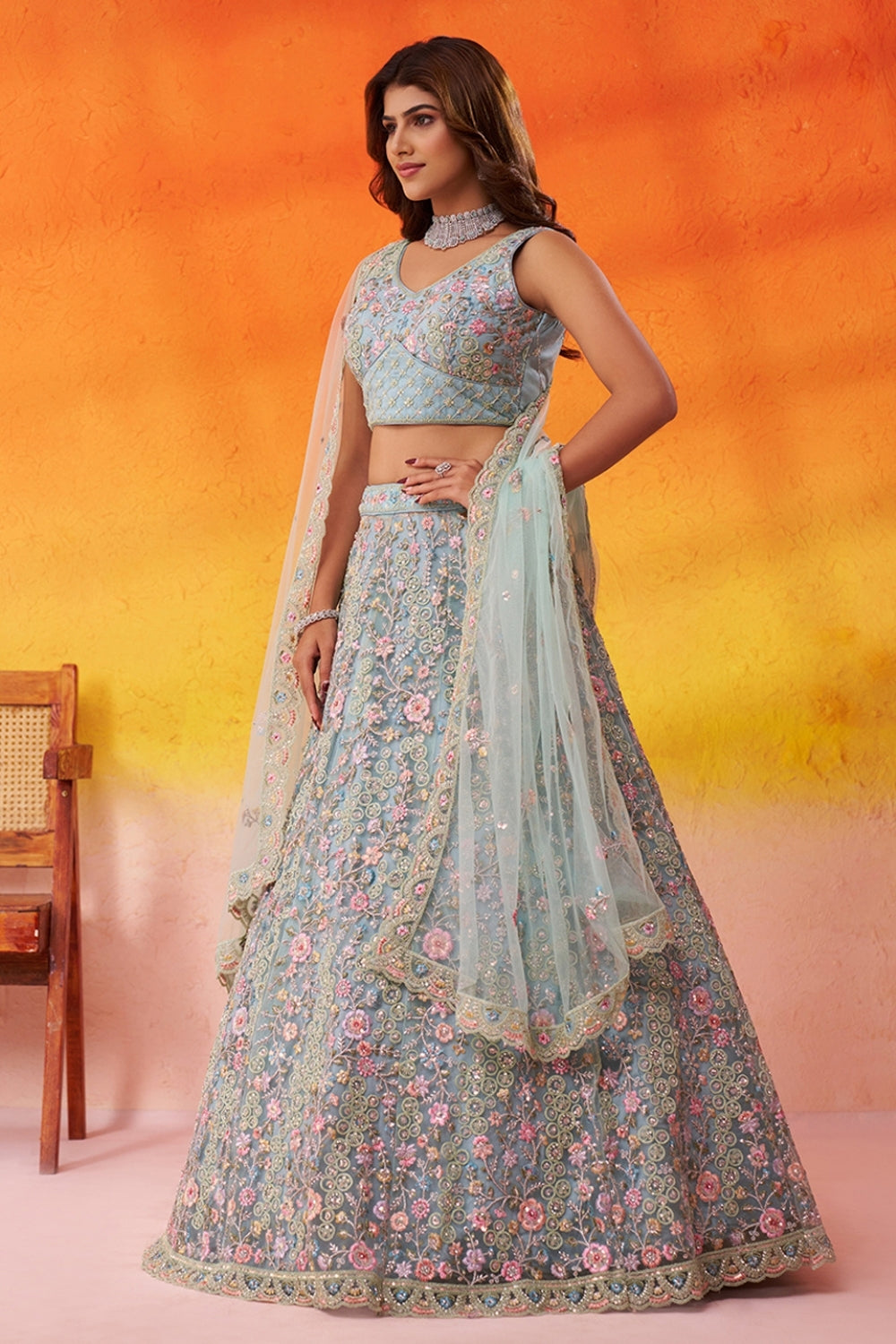 Net Lehenga Set with Embroidery and Sequins Work