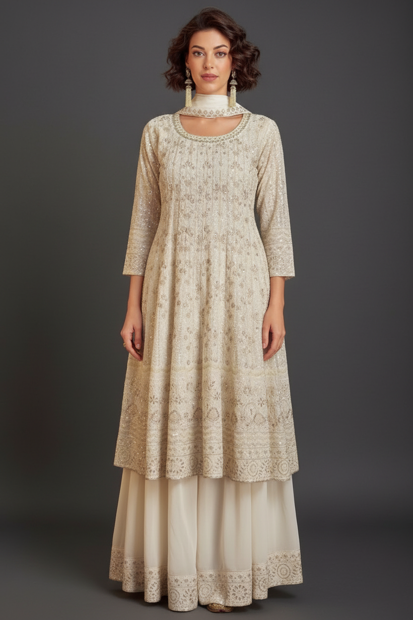 OFF-WHITE GEORGETTE INDO-WESTERN WITH EMNROIDERY AND SEQUINS