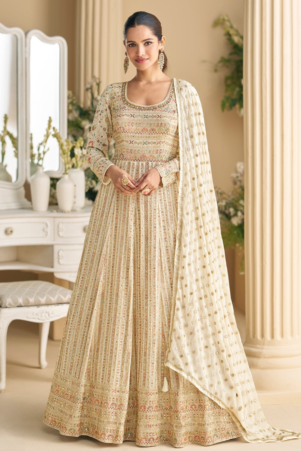 OFF WHITE GEORGETTE ANARKALI SUIT WITH CUTDANA AND SEQUINS WORK