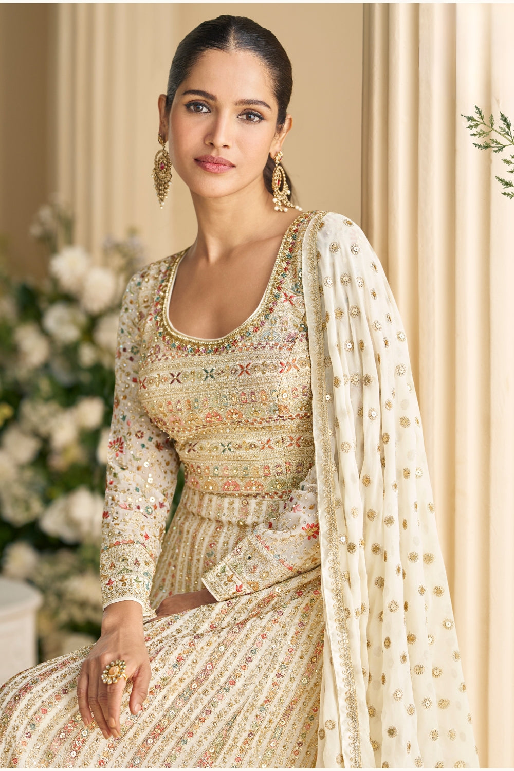 OFF WHITE GEORGETTE ANARKALI SUIT WITH CUTDANA AND SEQUINS WORK