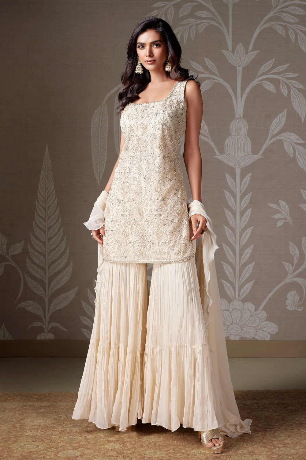 OFF WHITE ORGANZA NET PALAZOO SUIT WITH CUTDANA AND LUKNOWI