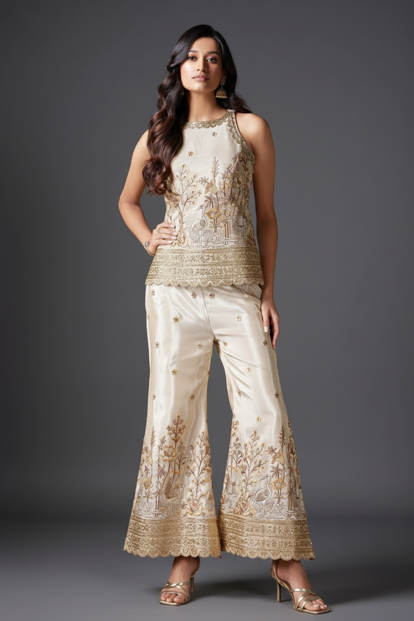 OFF WHITE SILK PALAZZO SUIT WITH ZARDOSI AND GOTTA PATTI