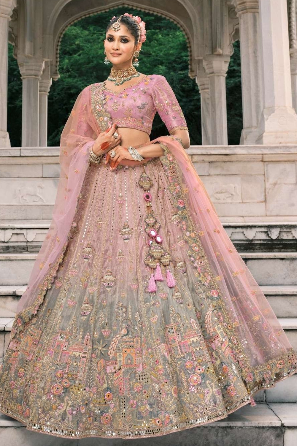 OMBRE SILK BRIDAL LEHENGA WITH THREAD AND MOTI WORK