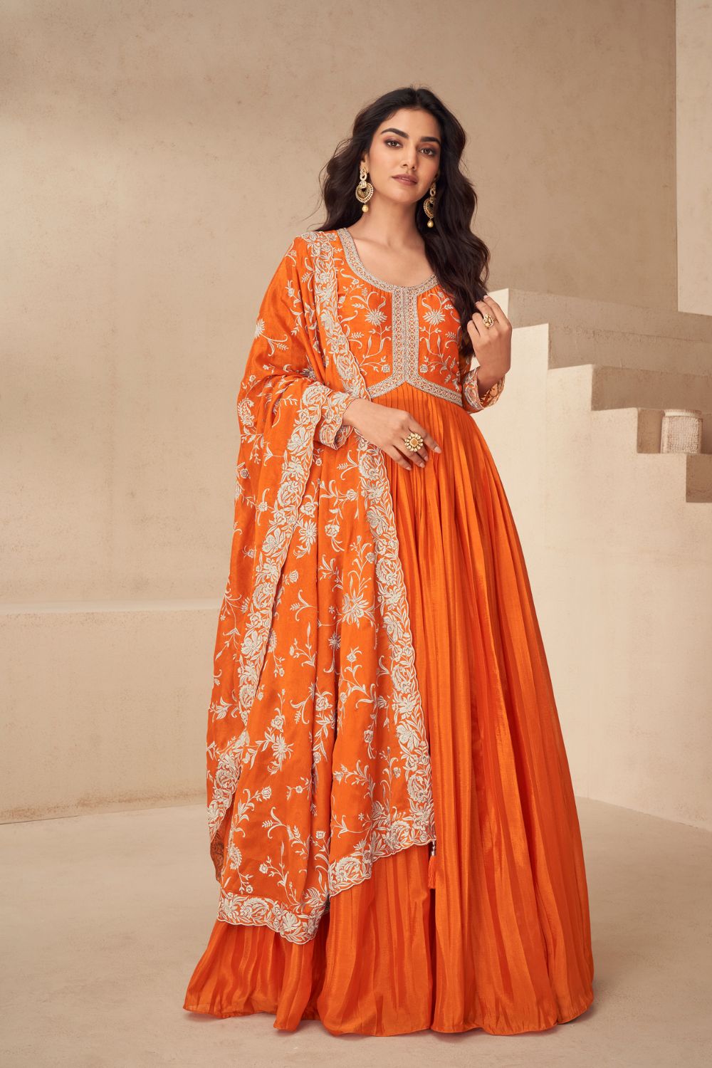 ORANGE CHINON ANARKALI SUIT WITH EMBROIDERY AND SEQUINS