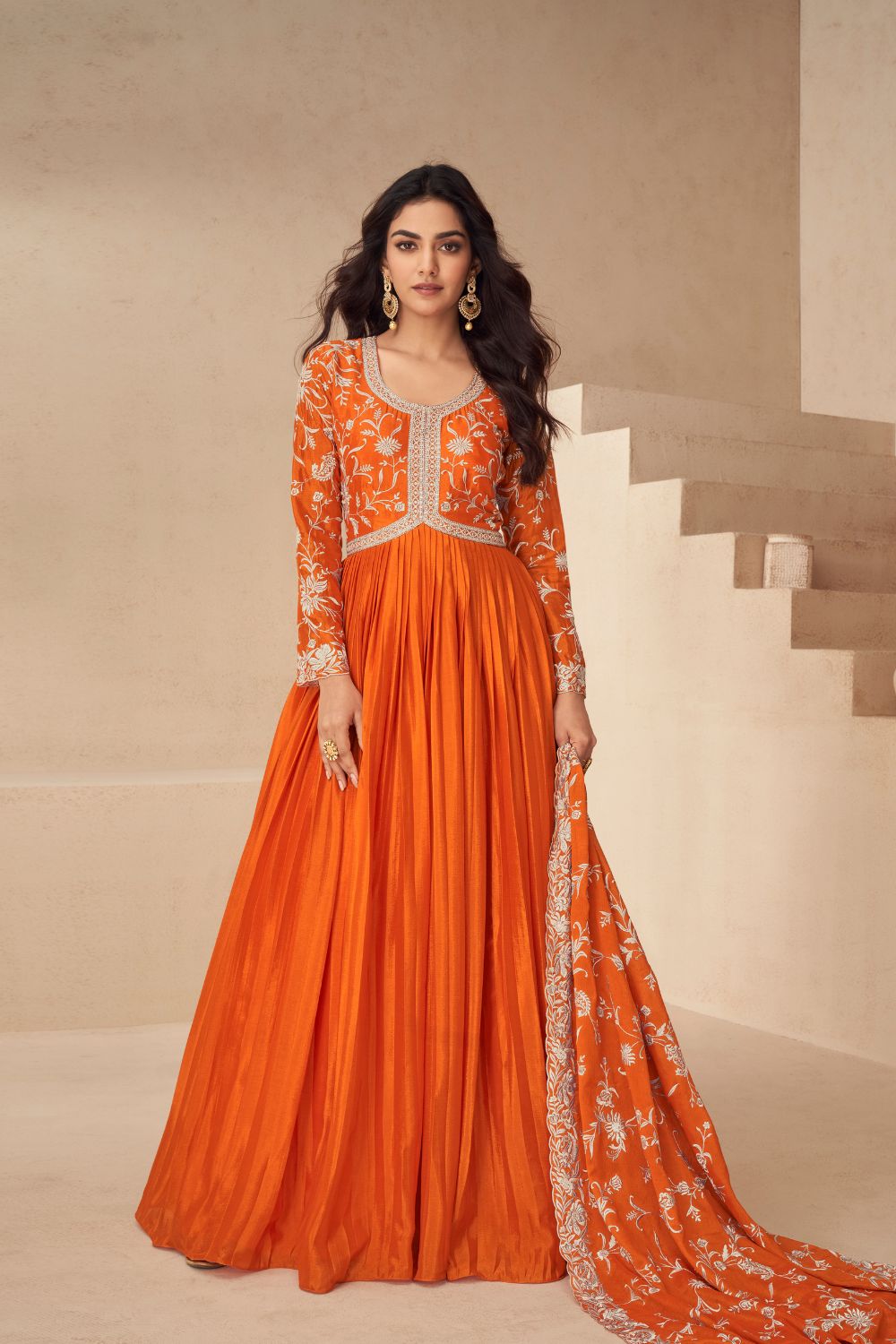 ORANGE CHINON ANARKALI SUIT WITH EMBROIDERY AND SEQUINS