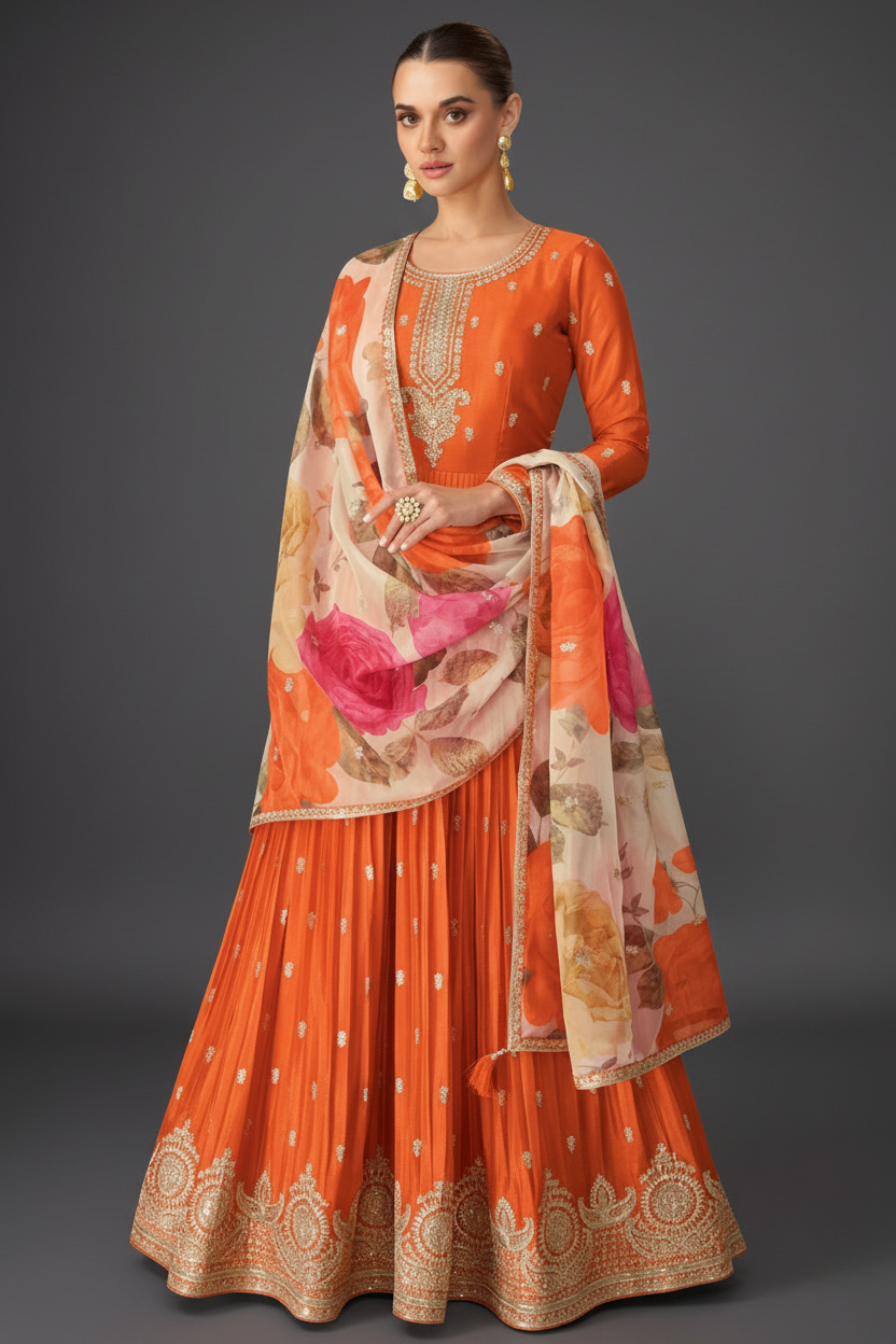 ORANGE CHINON ANRKALI SUIT WITH EMBROIDERY