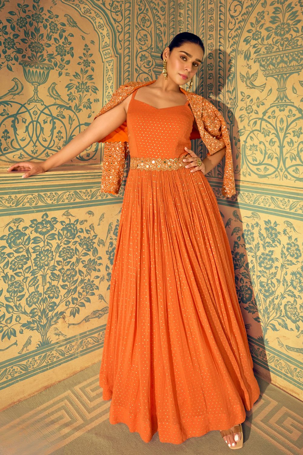 ORANGE GEORGETTE ANARKALI SUIT WITH MIRROR AND EMBROIDERY WORK
