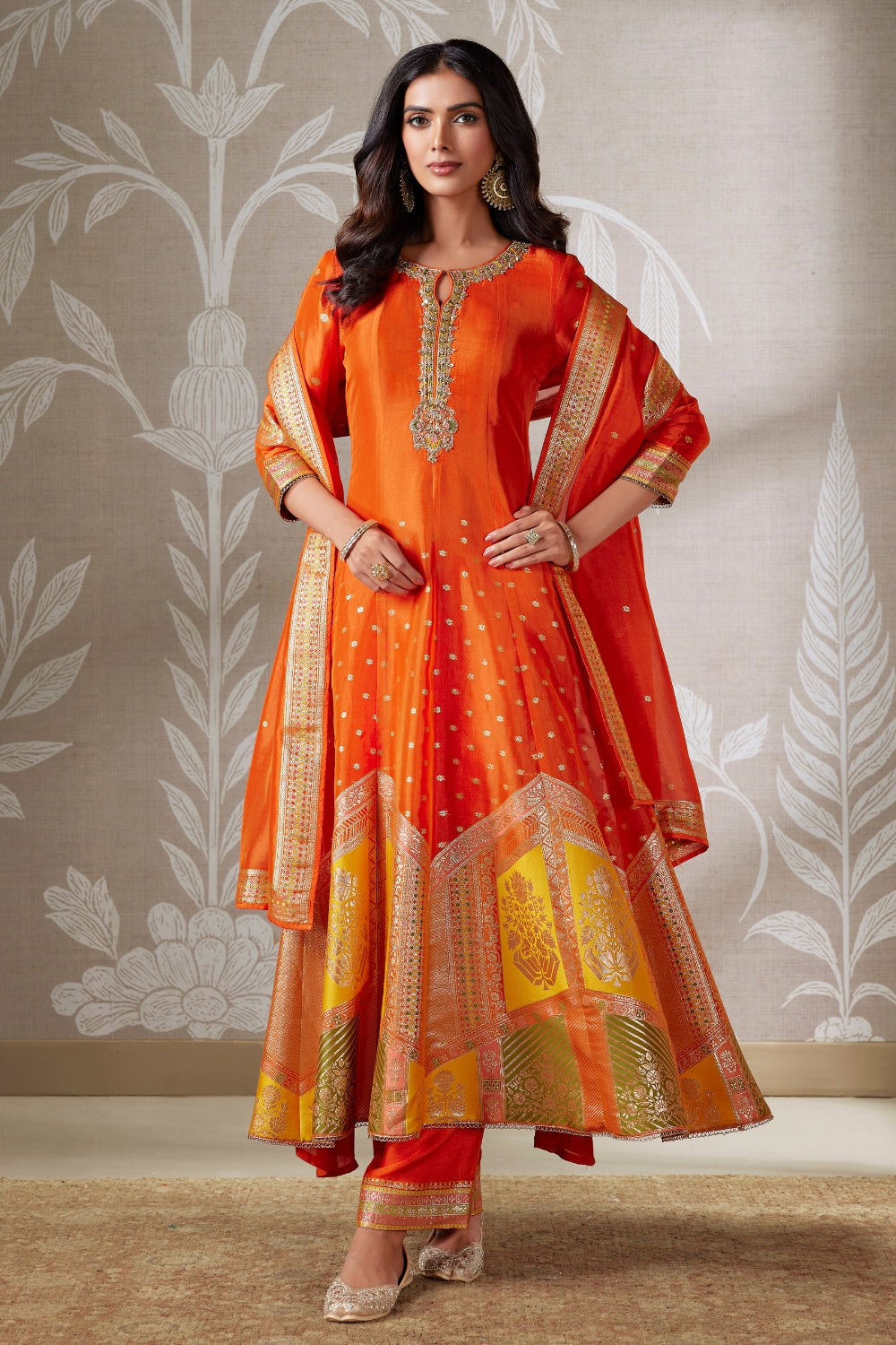 ORANGE DHUPIN SILK ANARKALI SUIT WITH ZARDOSI AND ZARI WAVING