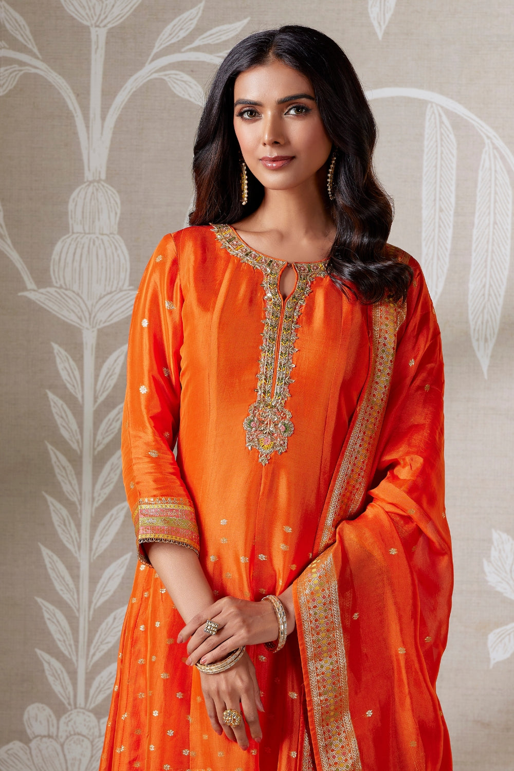 ORANGE DHUPIN SILK ANARKALI SUIT WITH ZARDOSI AND ZARI WAVING