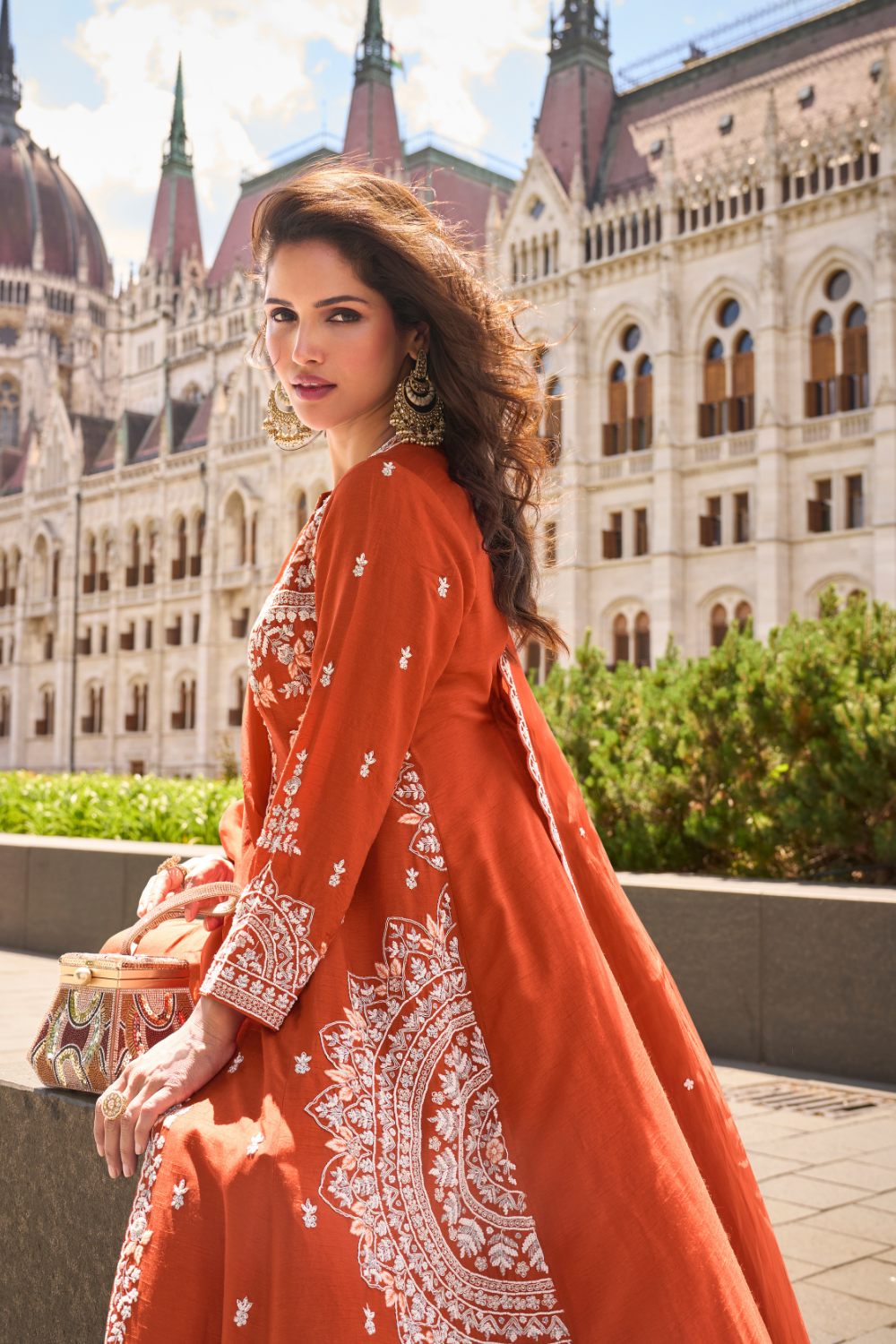 Orange Silk Indo-Western with Cut dana and Pearl Work