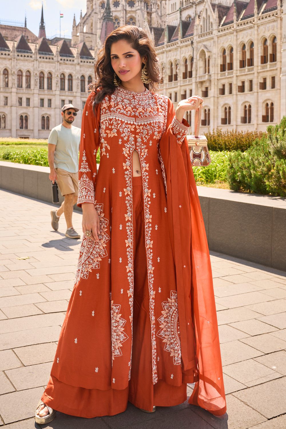 Orange Silk Indo-Western with Cut dana and Pearl Work