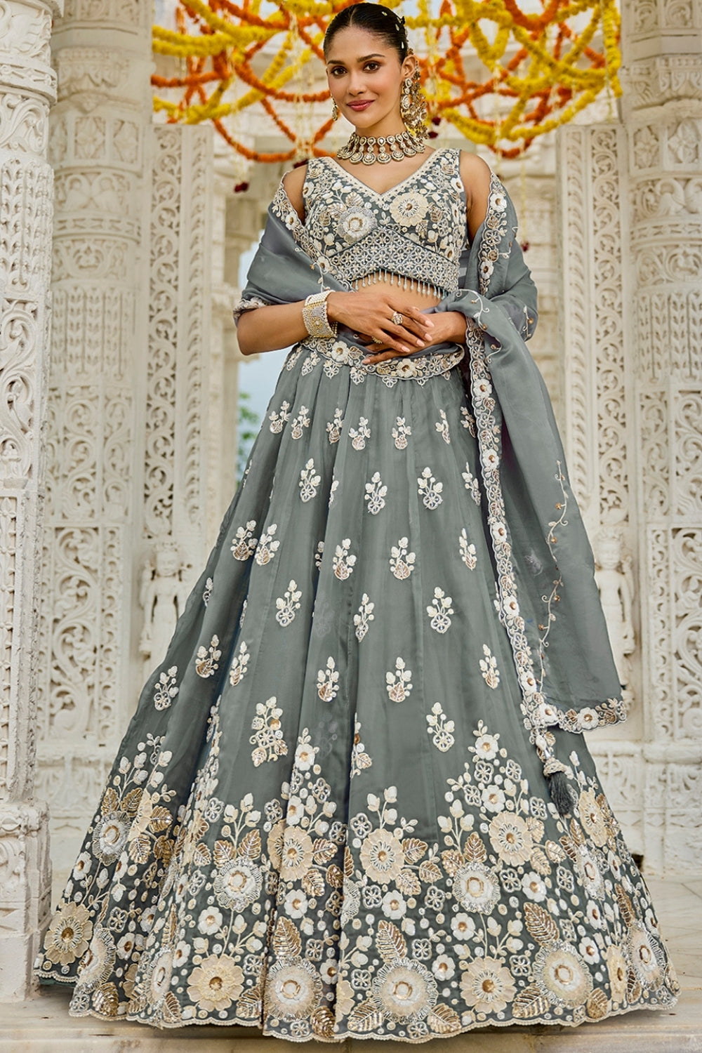 ORGANZA LEHENGA CHOLI WITH EMBROIDERY AND SEQUINS