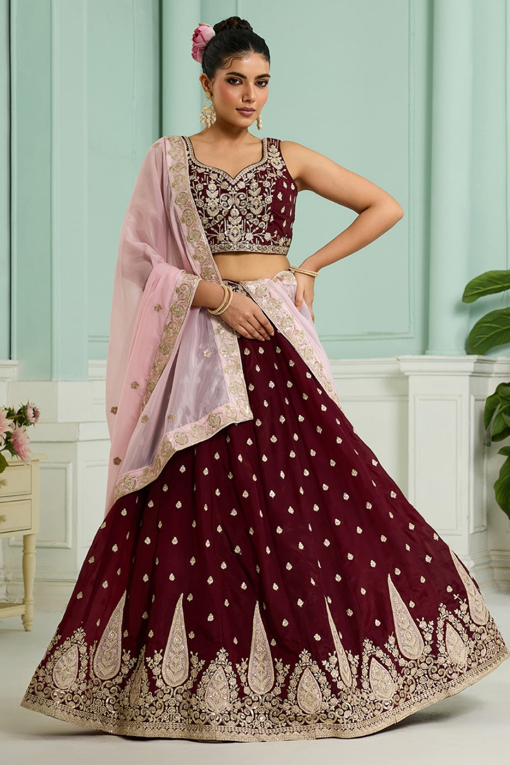 ORGANZA LEHENGA CHOLI WITH SEQUINS AND EMBROIDERY