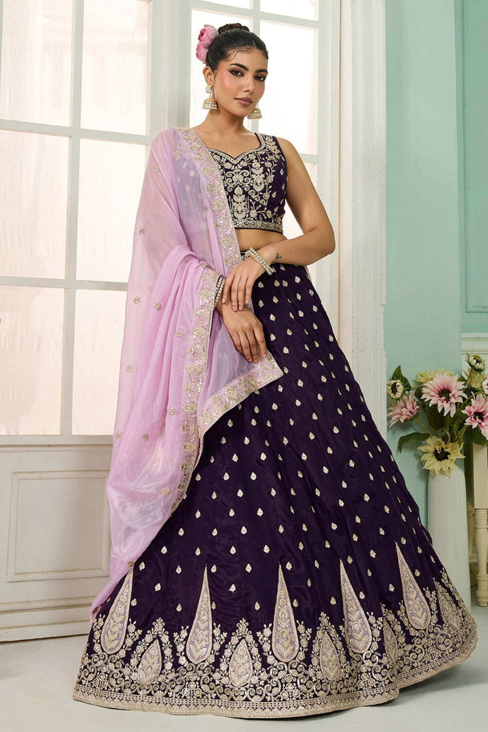 ORGANZA LEHENGA CHOLI WITH SEQUINS AND EMBROIDERY