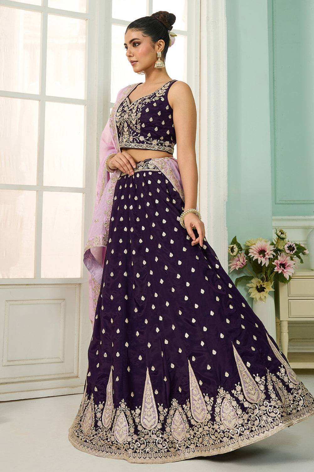 ORGANZA LEHENGA CHOLI WITH SEQUINS AND EMBROIDERY