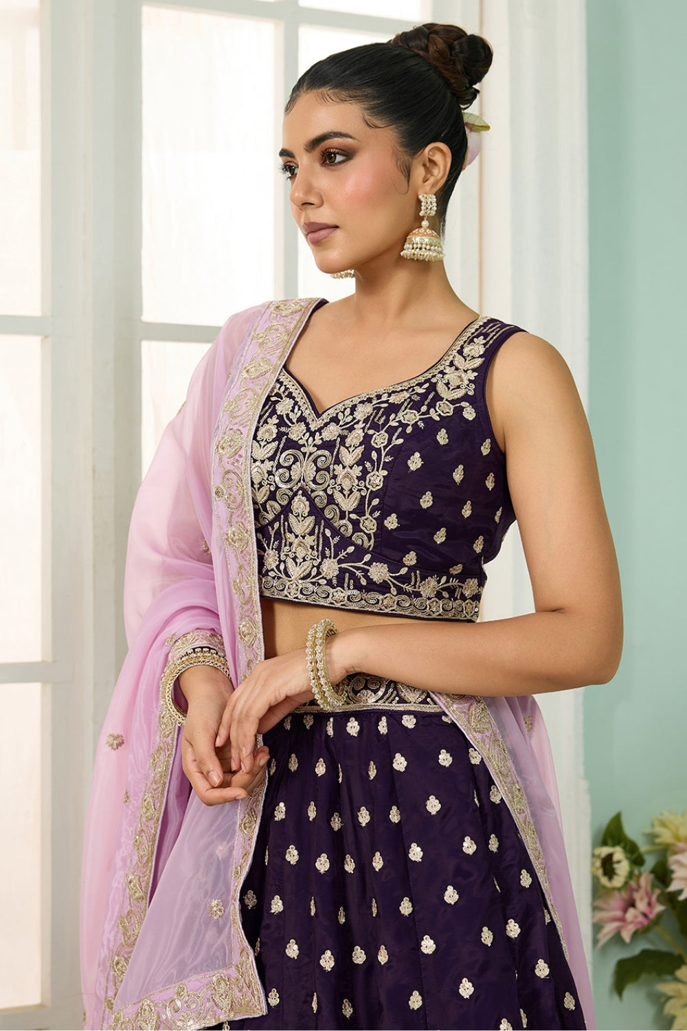ORGANZA LEHENGA CHOLI WITH SEQUINS AND EMBROIDERY