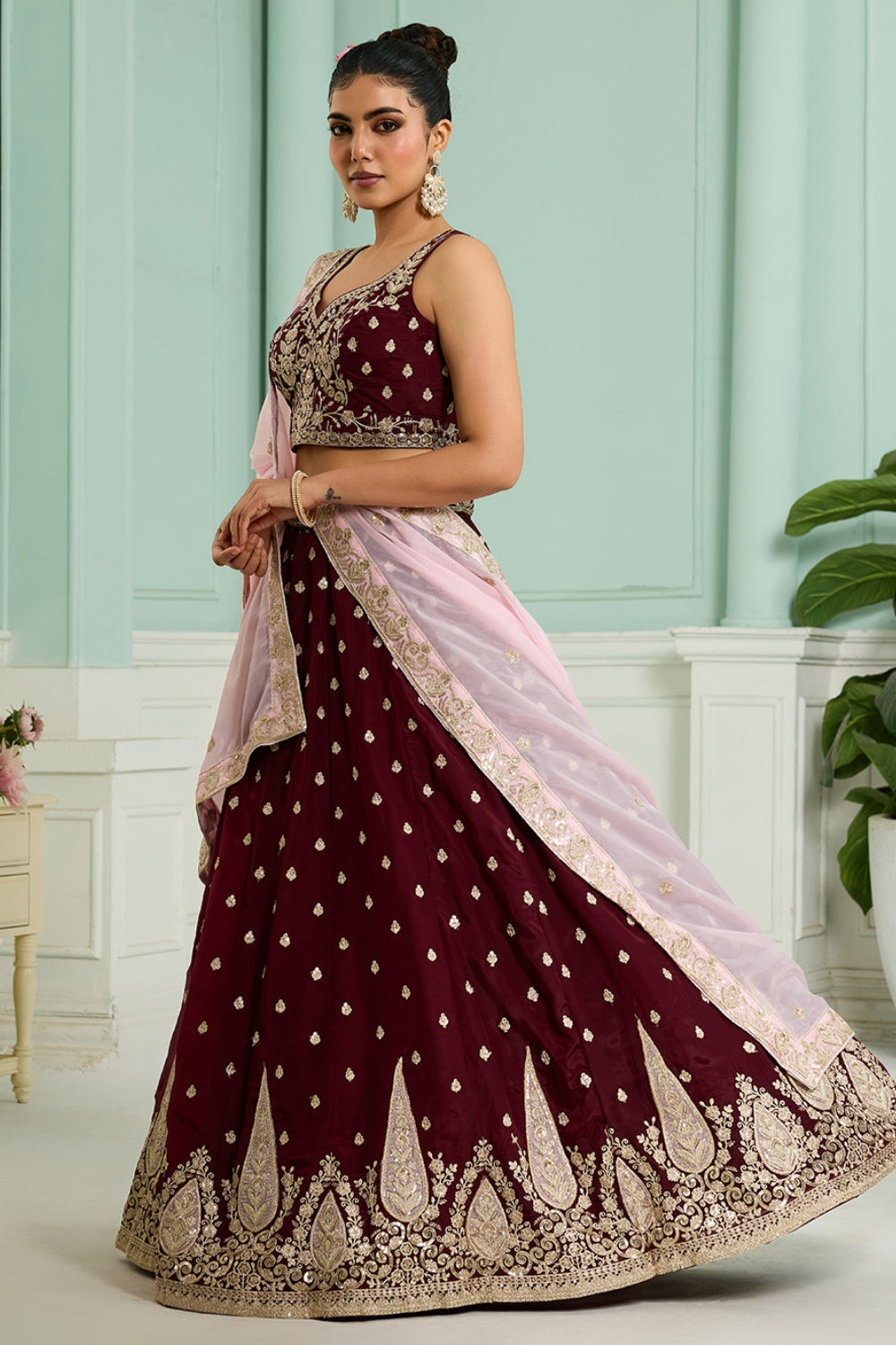 ORGANZA LEHENGA CHOLI WITH SEQUINS AND EMBROIDERY