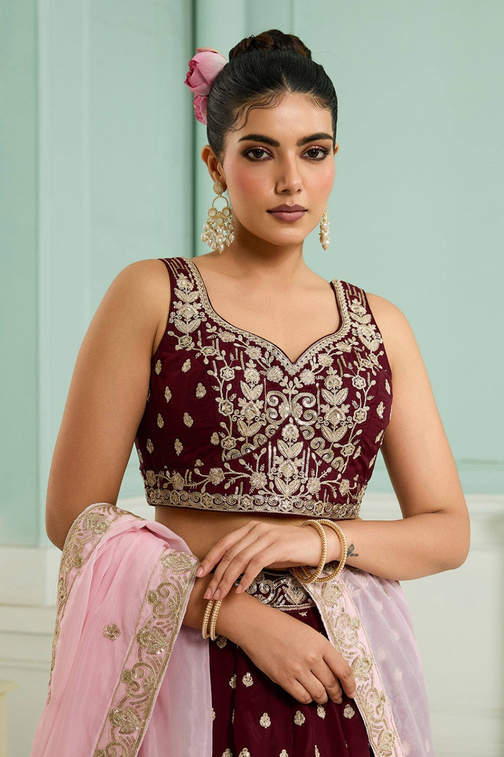 ORGANZA LEHENGA CHOLI WITH SEQUINS AND EMBROIDERY