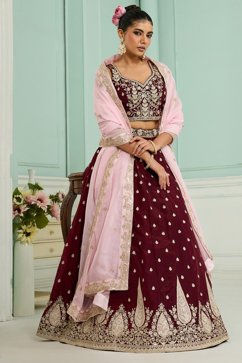 ORGANZA LEHENGA CHOLI WITH SEQUINS AND EMBROIDERY