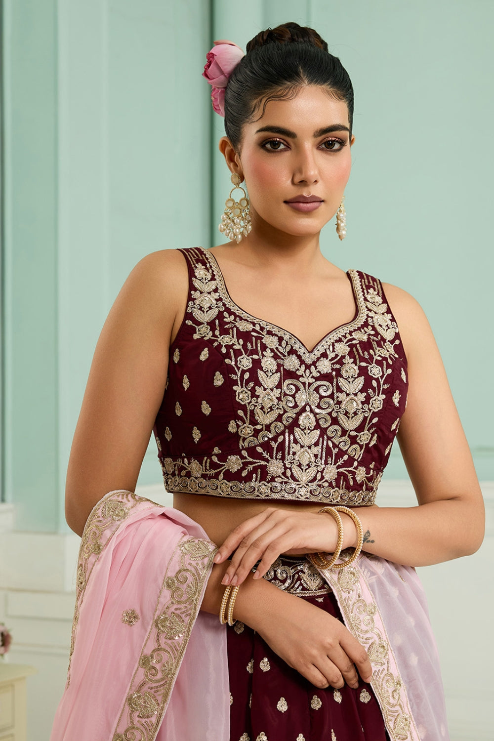 ORGANZA LEHENGA CHOLI WITH SEQUINS AND EMBROIDERY