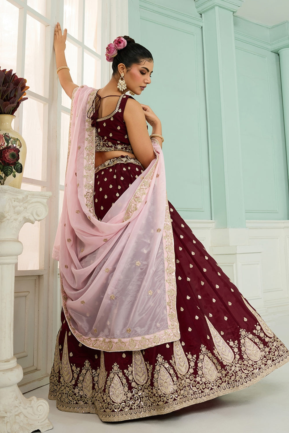 ORGANZA LEHENGA CHOLI WITH SEQUINS AND EMBROIDERY