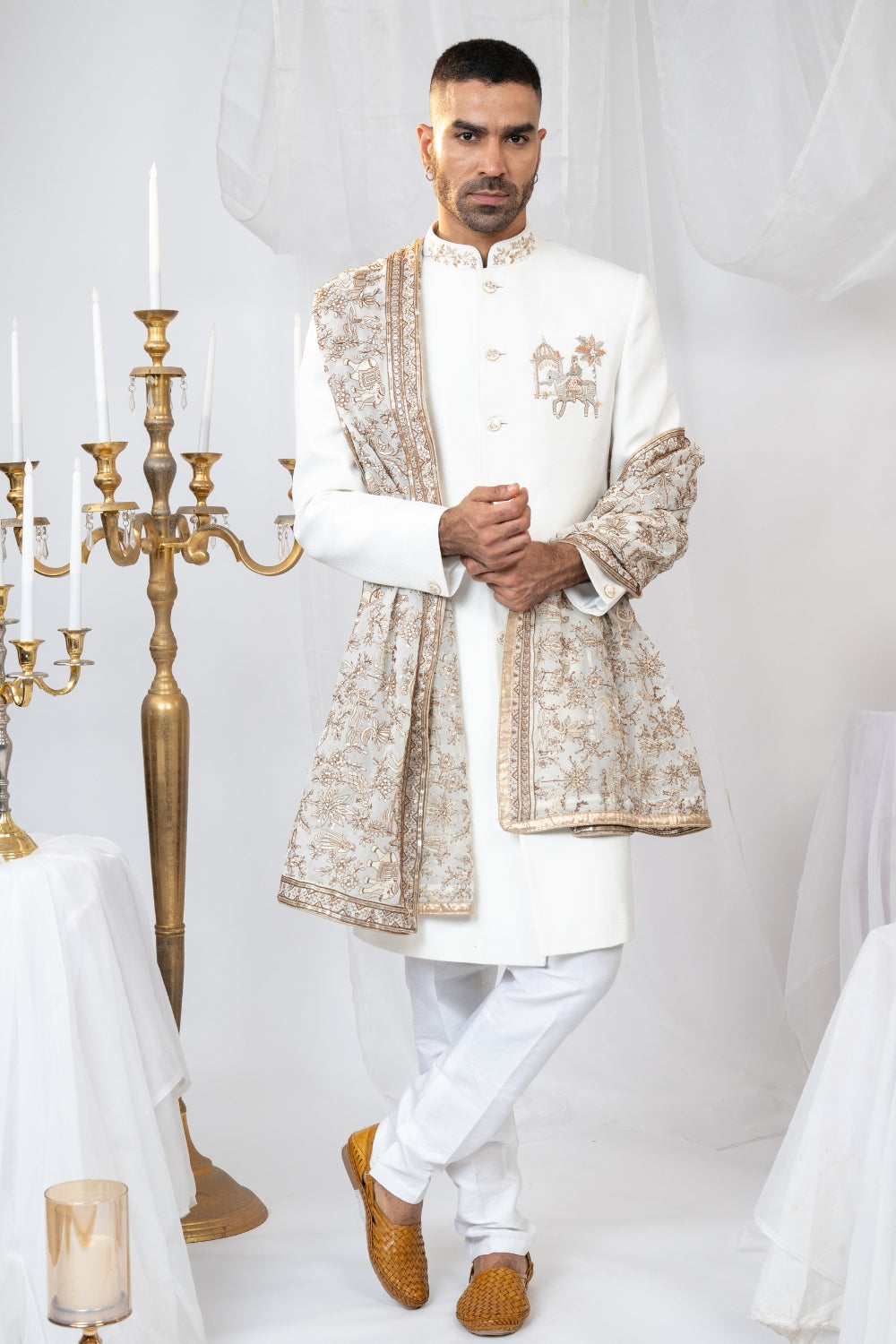 Off-White Matka Silk Sherwani with Zardosi and Resham Embroidery