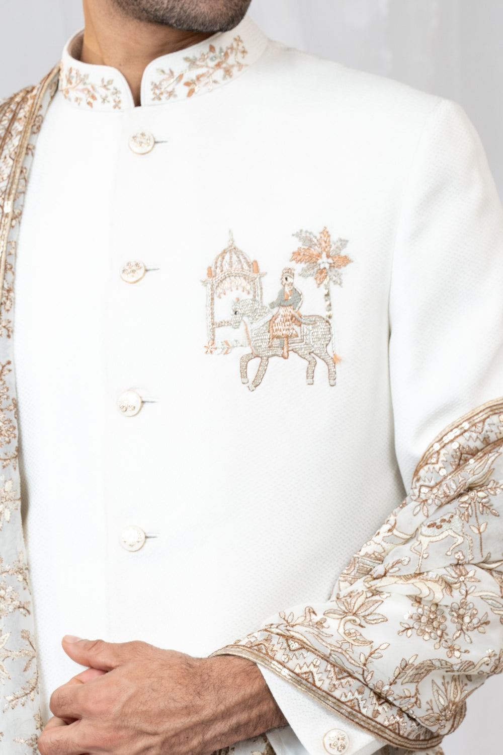Off-White Matka Silk Sherwani with Zardosi and Resham Embroidery